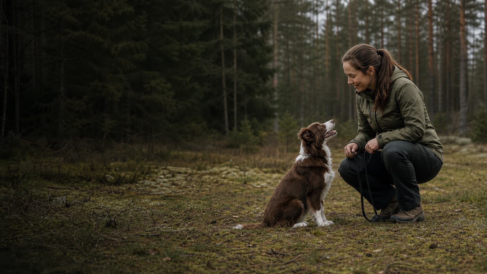Hundtränare och hund möts i en skogsmiljö