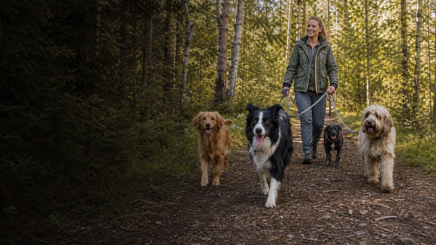 Hundrastare promenerar med fyra hundar på en skogsstig